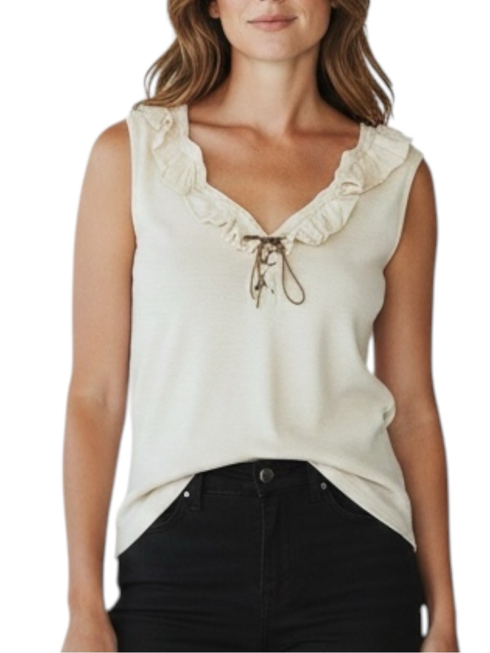 LAUREN RALPH LAUREN Cotton Cream Ruffle V-Neck Tie-Front Tank Top Size XL